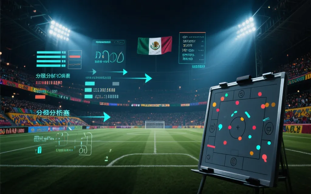 墨西哥球场夜色与战术板、数据点叠加的世界杯决赛氛围图